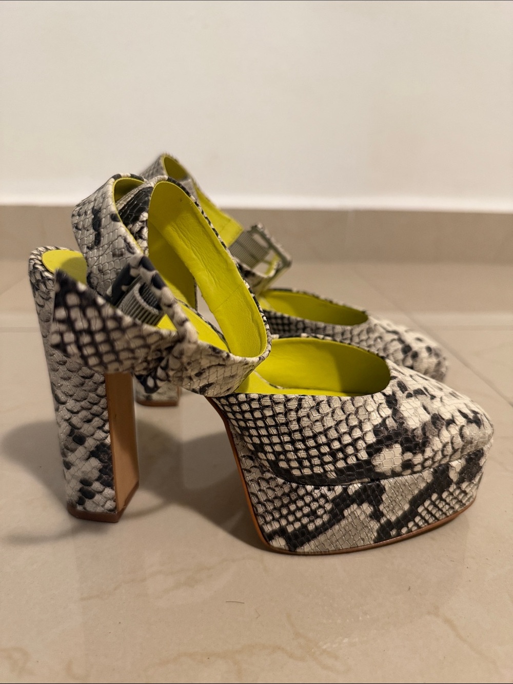 Snakeskin Platform Mary Jane Pumps with Neon Yellow Lining